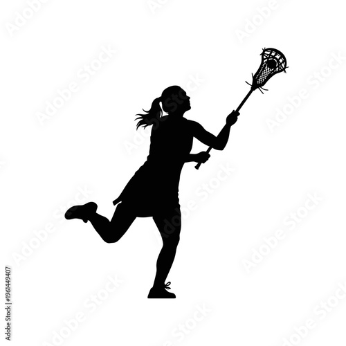 Silhouette of an athlete in motion playing lacrosse on a field outdoors.