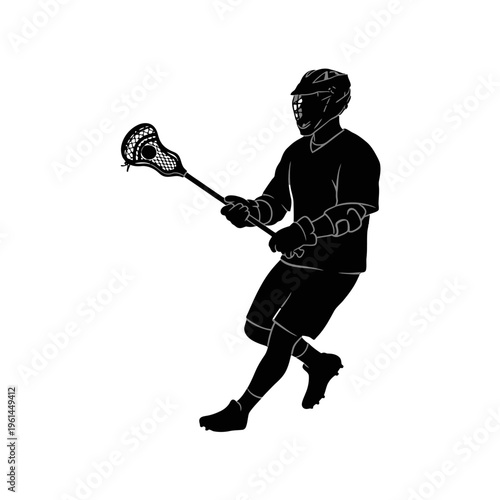 Silhouette of a Lacrosse Player in Action with Helmet and Stick.