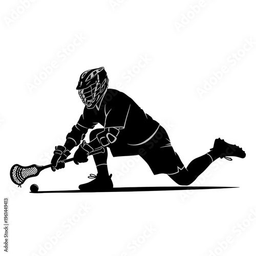 Dynamic ice hockey action pose of a kneeling player with stick and protective gear on the ice.