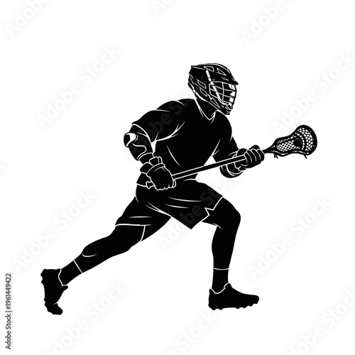 Silhouette of Lacrosse Player in Action with Stick and Ball on Field.