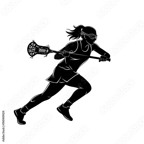 Dynamic silhouette of a lacrosse player sprinting with a stick in action.