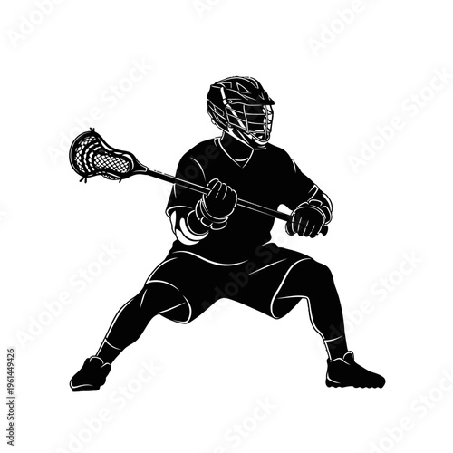 Lacrosse goalie crouching in protective gear guarding the net with a lacrosse stick on the field.