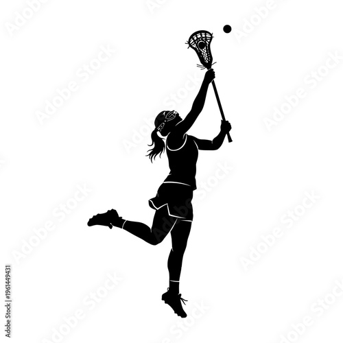 Silhouette of Lacrosse Player Leaping with Stick and Ball in Action.