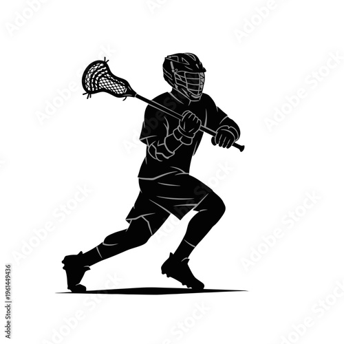 Silhouette of a lacrosse player in action with a stick on a field.