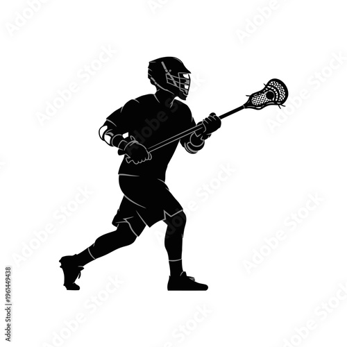 Silhouette of Lacrosse Player in Action with Stick and Ball on Field.