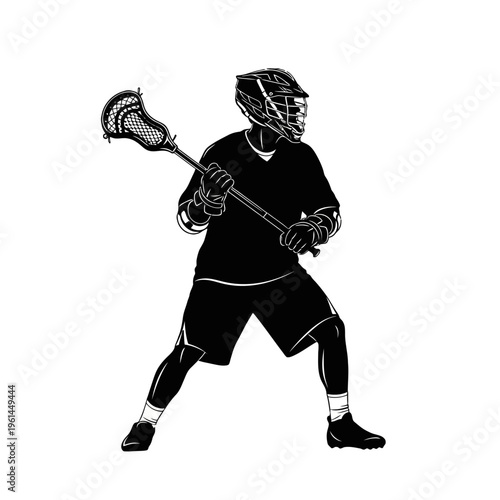 Silhouette of Lacrosse Player in Action on the Field with Stick and Gear.