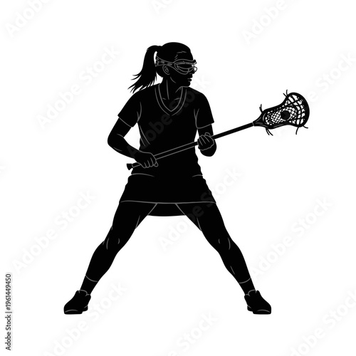 Silhouetted Lacrosse Player in Action with Stick and Net, Dynamic Sport Movement.