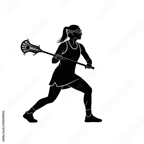 Silhouette of Lacrosse Player in Action with Lacrosse Stick.