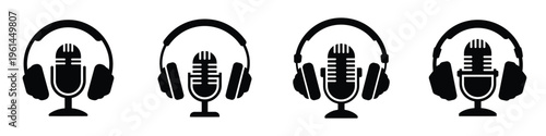 World Press Freedom Day May 3 Vector Illustration – Microphone and Headphones Icons Representing Journalism, Podcasting, Free Speech, and Media Freedom in Black and White