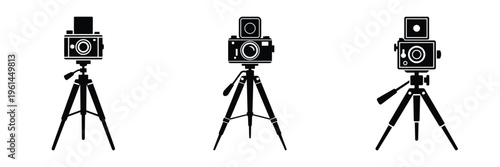 World Press Freedom Day May 3 Vector Illustration – Vintage Camera on Tripod Icons Representing Journalism, Photography, Media Freedom, and Press Independence in Black and White