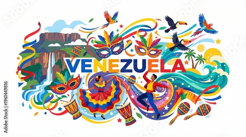 Illustration of Venezuelan culture with joropo dancers and traditional elements