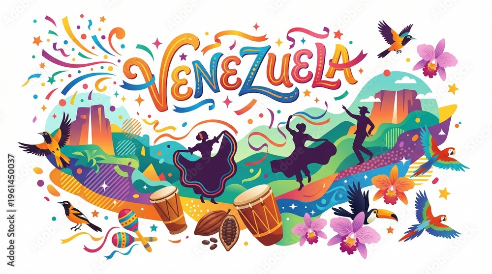 Fototapeta premium Cultural Celebration of Venezuela Illustrated with Traditional Icons and Folk Elements