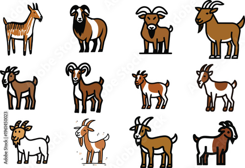A diverse set of twelve charming cartoon goat vector illustrations, featuring various breeds, distinctive horn shape
