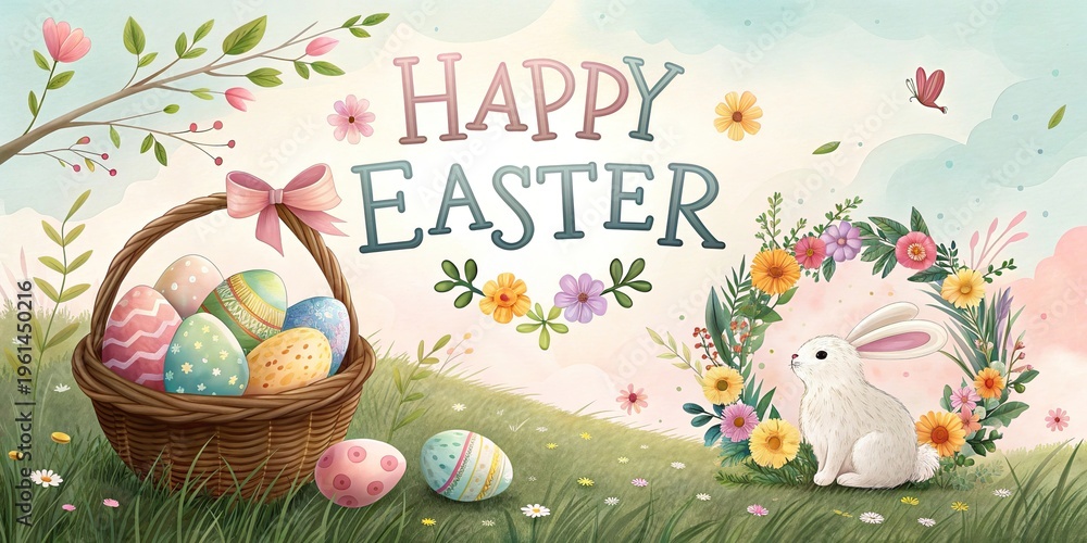 Fototapeta premium Happy Easter greeting card with cute bunnies colorful egg spring meadow joy.