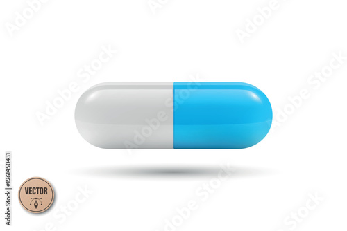 Vector 3d Blue and White Capsule Pill Isolated. Realistic 3d Medicine Illustration for Pharmacy and Healthcare. Prescription Drug Supplement Concept. Medical Medication Icon