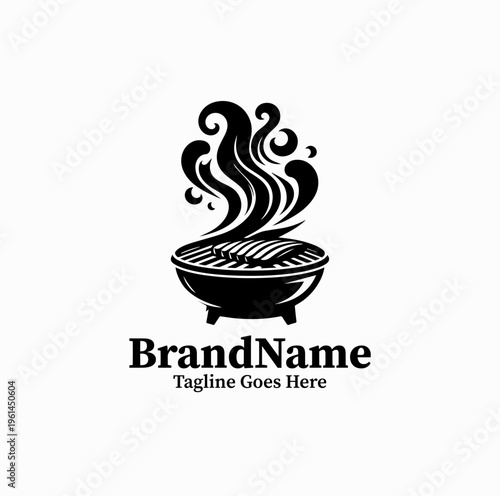 Korean BBQ Grill Silhouette with Smoke Meat Restaurant Logo