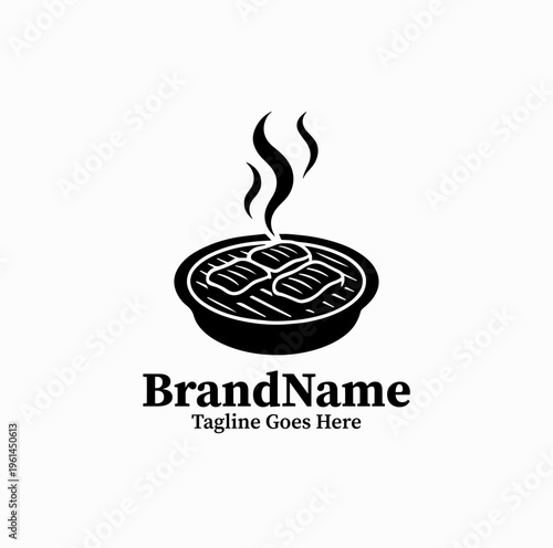 Korean BBQ Grill Silhouette with Smoke Meat Restaurant Logo