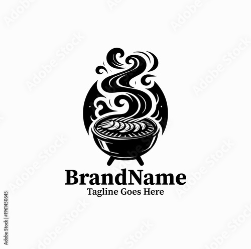 Korean BBQ Grill Silhouette with Smoke Meat Restaurant Logo