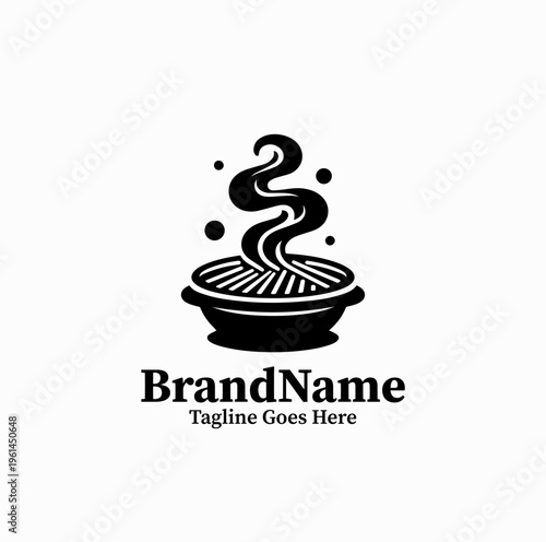 Korean BBQ Grill Silhouette with Smoke Meat Restaurant Logo