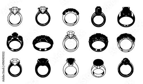 Cartoon gold and silver rings with gemstones jewelry vector set isolated on white