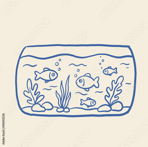 A simple blue line illustration depicts a fish tank with four small fish swimming amongst aquatic plants and pebbles.