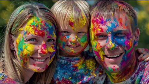 Joyful family covered in vibrant Holi powder celebrates a colorful festival of love and laughter together outdoors on a sunny day