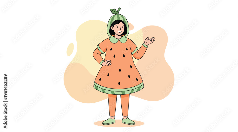 Fototapeta premium Cute Cartoon Character Dressed as a Sweet Watermelon Fruit, Smiling and Gesturing Playfully