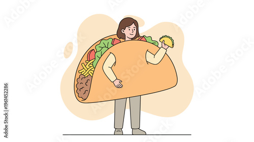 Joyful Woman Dressed in a Humorous Taco Costume Holding a Delicious Mexican Taco in Her Hand