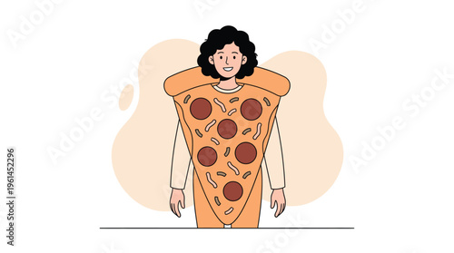 Smiling Person Dressed in a Fun and Delicious Pizza Slice Costume, Flat Vector Illustration Representing Food Love and Enjoyment.