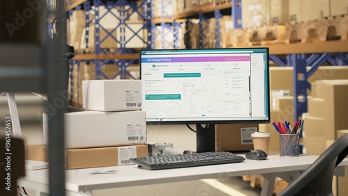 Valokuva Empty fulfillment center with industrial shelving and storage racks with packages for large scale e-commerce activity