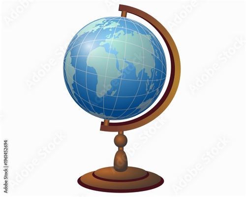 Classic Educational Earth Globe with Wooden Stand Isolated on White Background