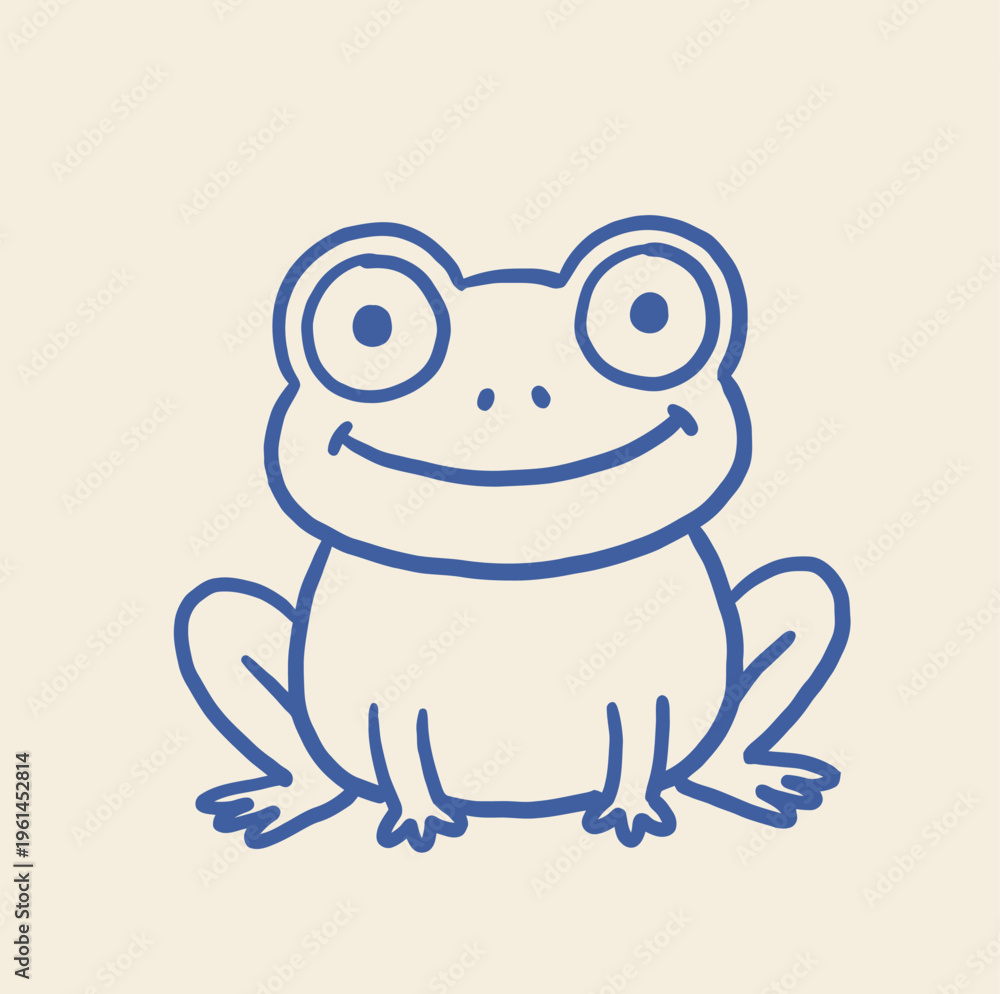 Fototapeta premium A smiling cartoon frog with large eyes sitting on a neutral background.