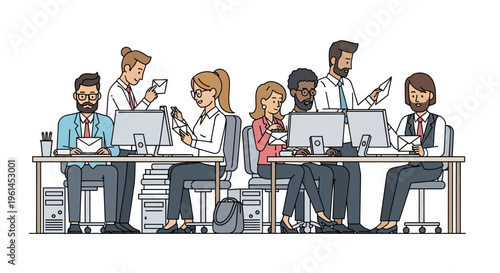 Diverse group of business professionals collaborating and working productively on computers in an open-plan office.