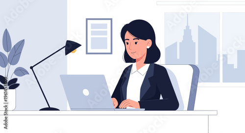 Calm professional woman working on a laptop at a desk in a modern office with an urban city background.