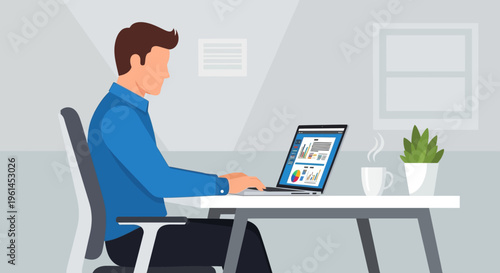 Productive man working on laptop displaying data charts with a coffee cup on his desk in a bright modern office studio.