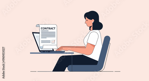 Focused professional woman signing a contract online using a laptop on a minimalist desk, isolated white background.