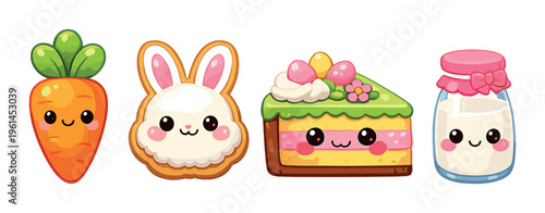Carrot, bunny cookie, cake slice and milk jar on gradient background
