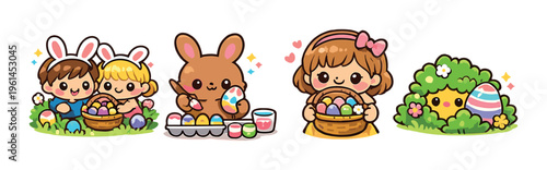Children and bunny painting and collecting eggs on grass