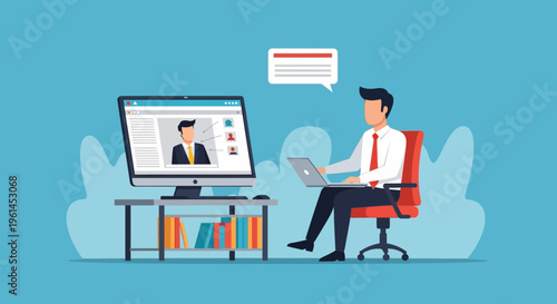 Engaged man attending a video conference on laptop and desktop computer in a modern office setting.