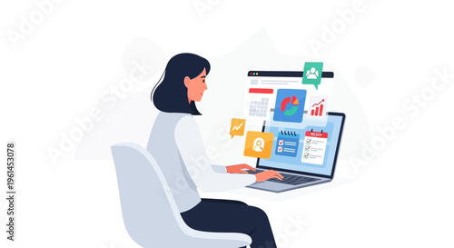 Efficient woman managing online tasks and applications on a laptop at a simple desk on an isolated white background.
