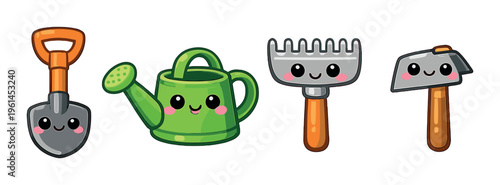 Garden tools with smiling faces arranged on neutral background