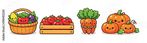 Assorted cartoon vegetables and fruits arranged on neutral background