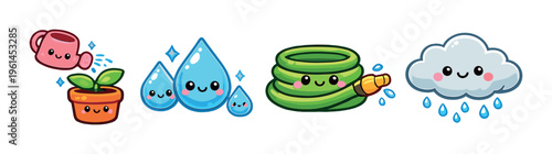 Watering tools and droplets displayed on dark gradient background