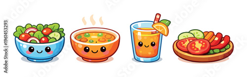 Salad, soup, juice and vegetable platter served on table