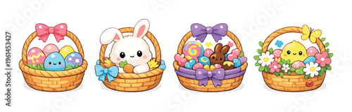 Four easter baskets with decorated eggs, bunny and chick on gray