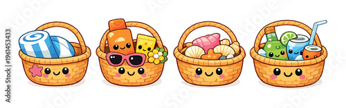 Four beach and picnic baskets with towels, shells and drinks on gray