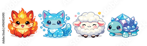 Flame fox, water cat, fluffy sheep and crystal turtle on gray