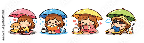 Girl doing four activities under umbrellas on gray background