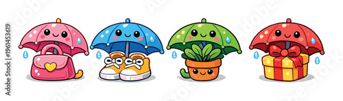 Bag shoes plant and gift protected by umbrellas on gray background