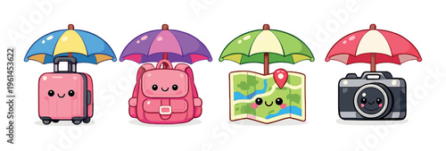 Luggage and travel icons under umbrellas on neutral background